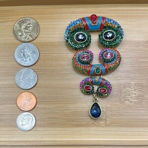 Green and Blue Ethnic-Inspired Brooch with Teardrop Crystal Articulated